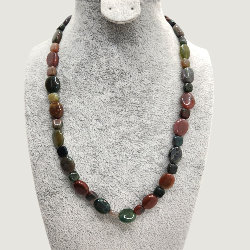 Boho Natural Mixed Gemstone Beaded Necklace 925 Sterling Silver Clasp Hippie